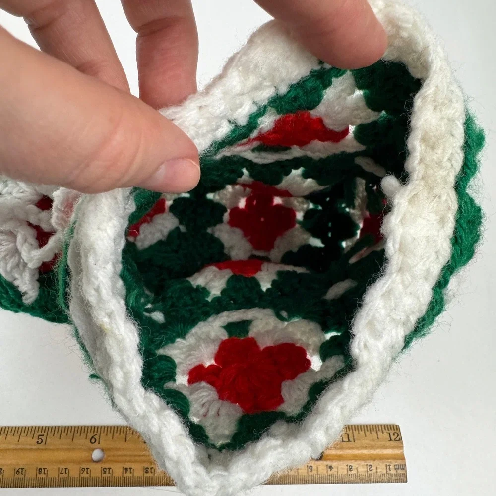 Vtg Small‎ Granny Square Red Green White Yarn Christmas Holiday Stocking Decor